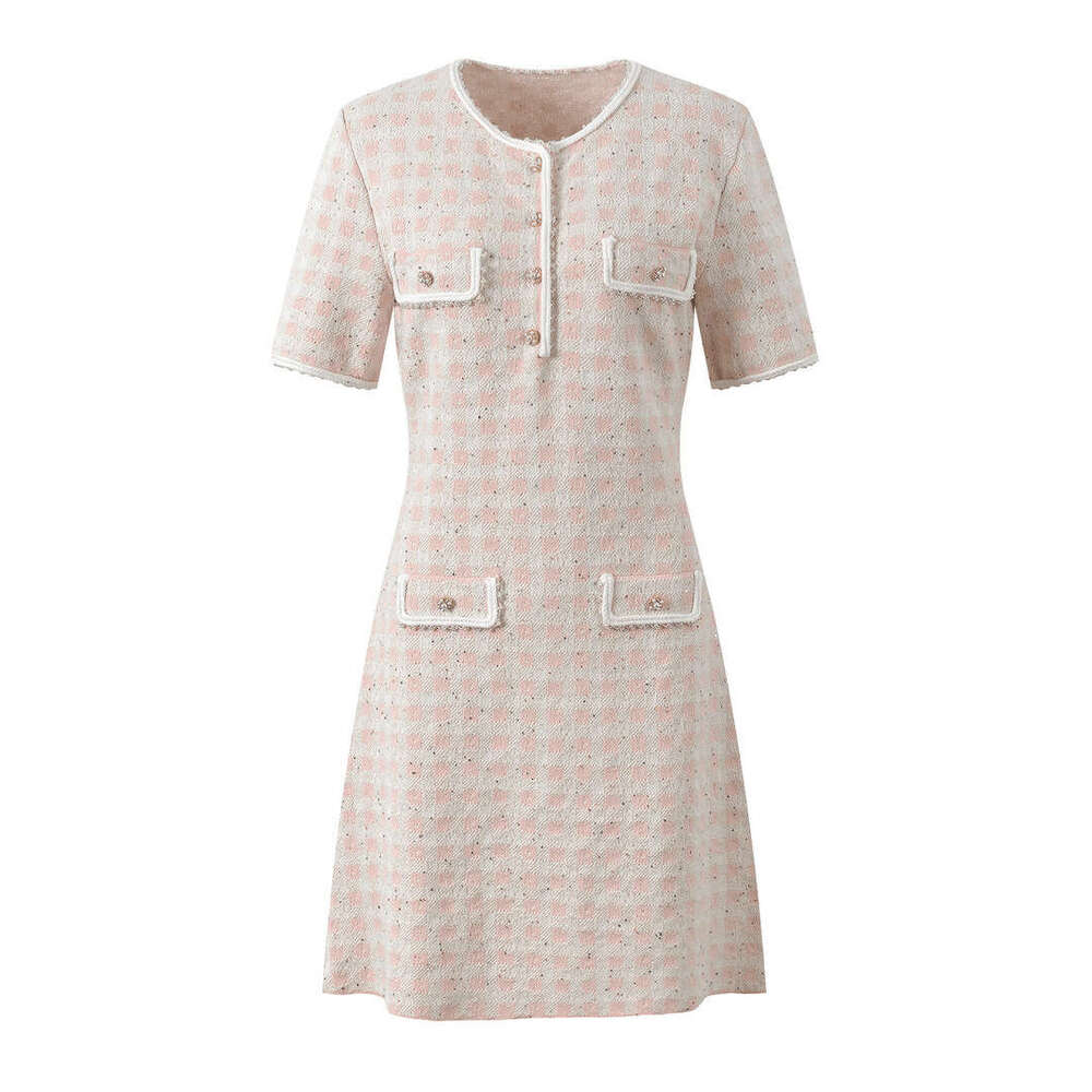 2026 Spring/Summer New Soft and Sweet Design Checkered Round Neck Knitted Short Sleeve A-line Dress