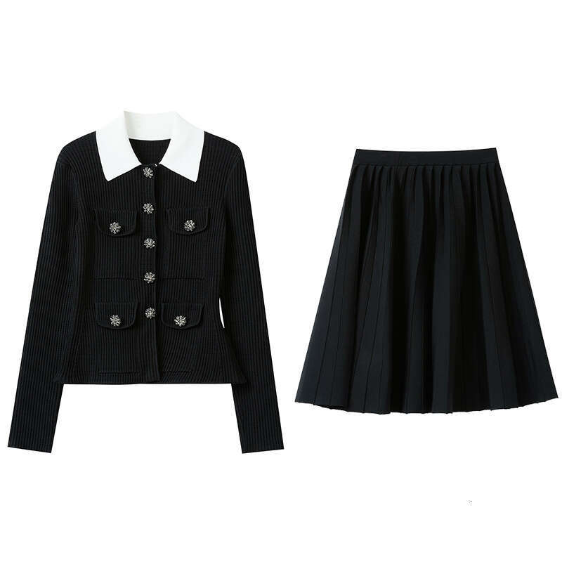 2026 autumn and winter new designer style black lapel knitted cardigan pleated skirt women's two-piece set
