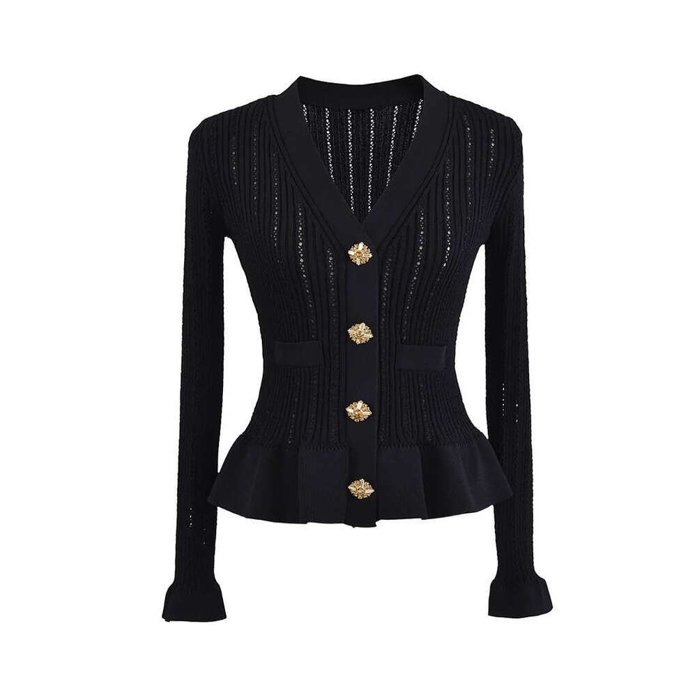 2026 style French V-neck rhinestone button pleated bell sleeves slim knit sweater cardigan short jacket early autumn
