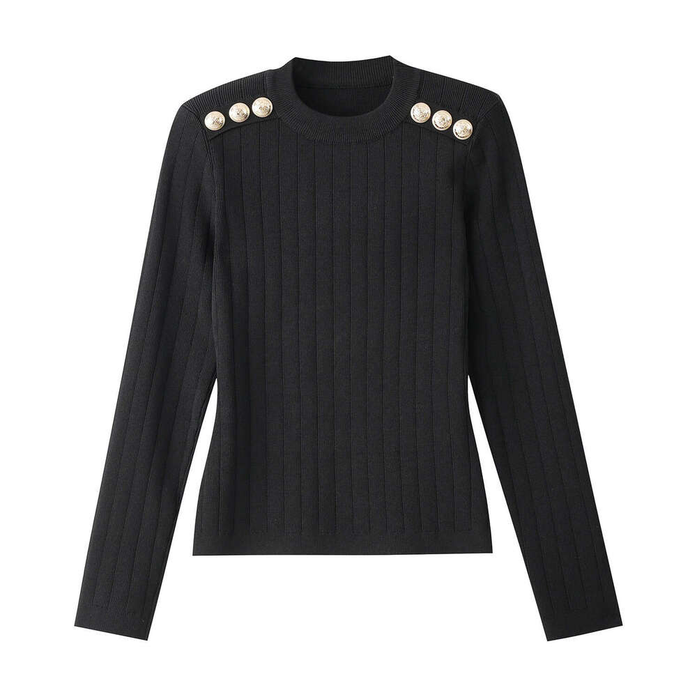 2026 new social semi high neck sweater with gold buttons designed by high-end tactile black slim knit shirt