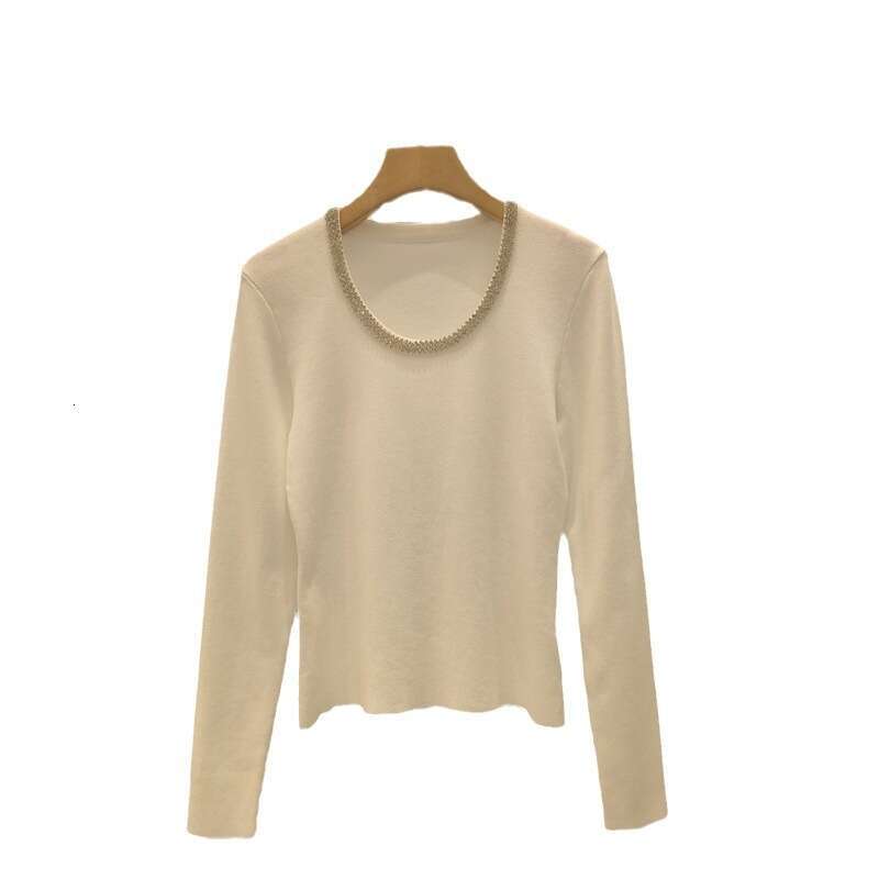 2026 French social octagonal collar heavy craftsmanship light luxury elegant slim fit Tencel long sleeved knitted women's top