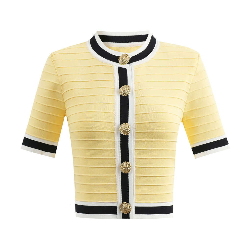 2026 Summer Color blocked Round neck Short sleeved Top Skirt High end Style Elegant Metal Buckle Knitted Set for Women
