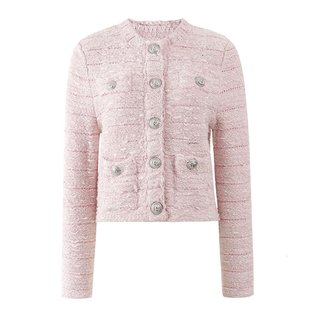 French 2026 autumn and winter style elegant social tweed round neck metal button long sleeved knitted top