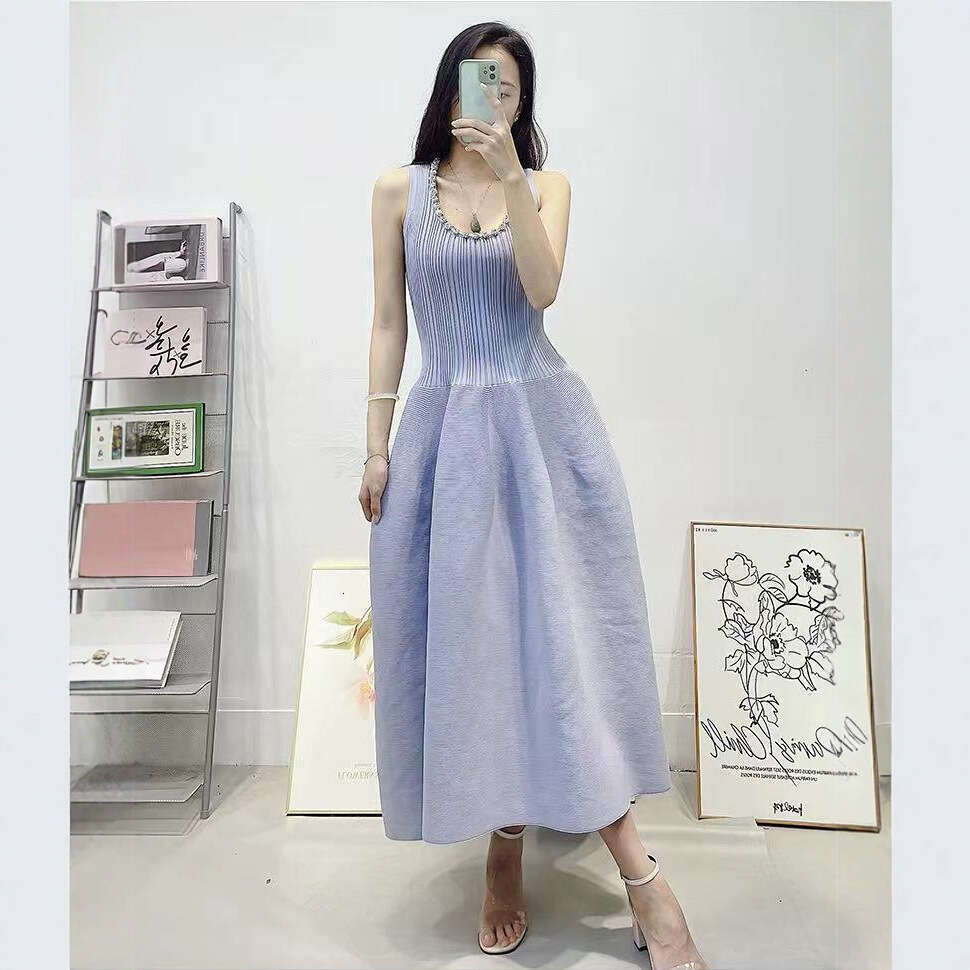 2026 Spring/Summer New Social Style Big U Neck Sleeveless Purple Slim Knitted Tank Top Elegant Long Dress for Women