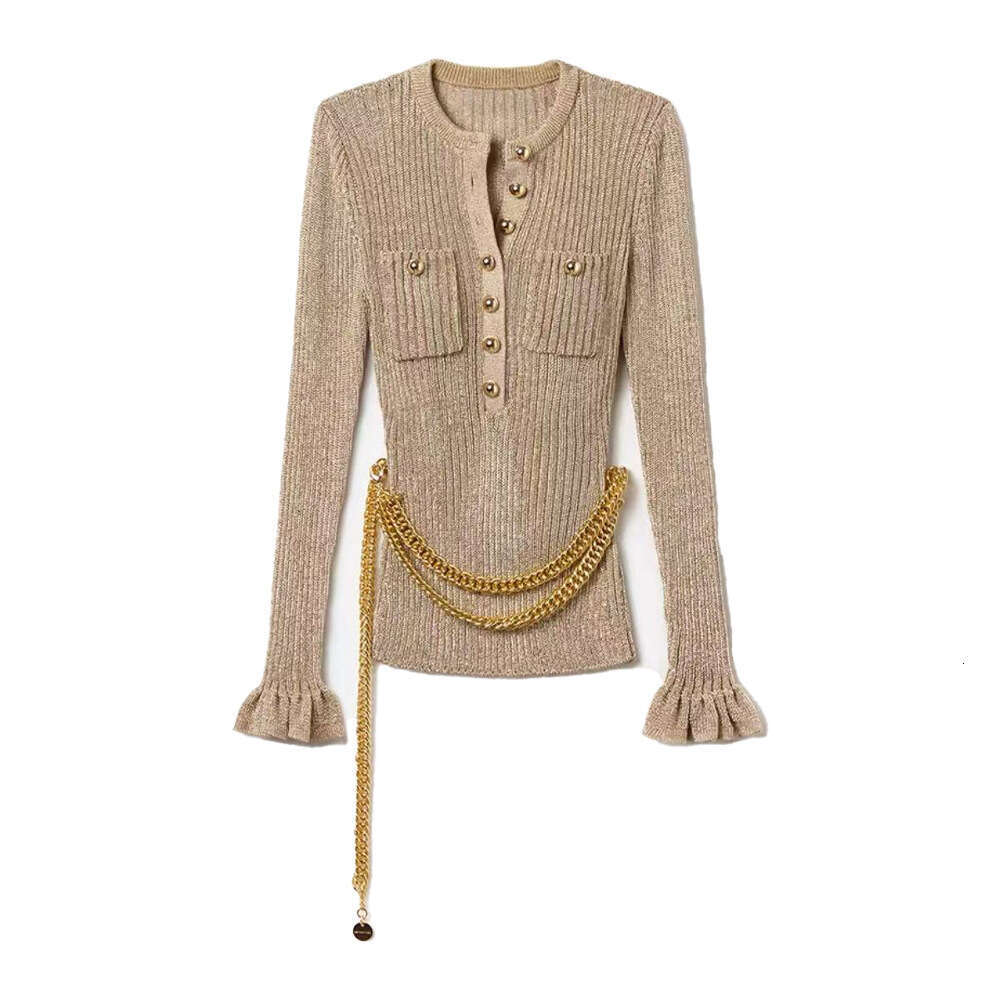 2026 Autumn/Winter New Women's Fashion Gold Round Neck Long Sleeve Solid Color Slimming Knitted Top