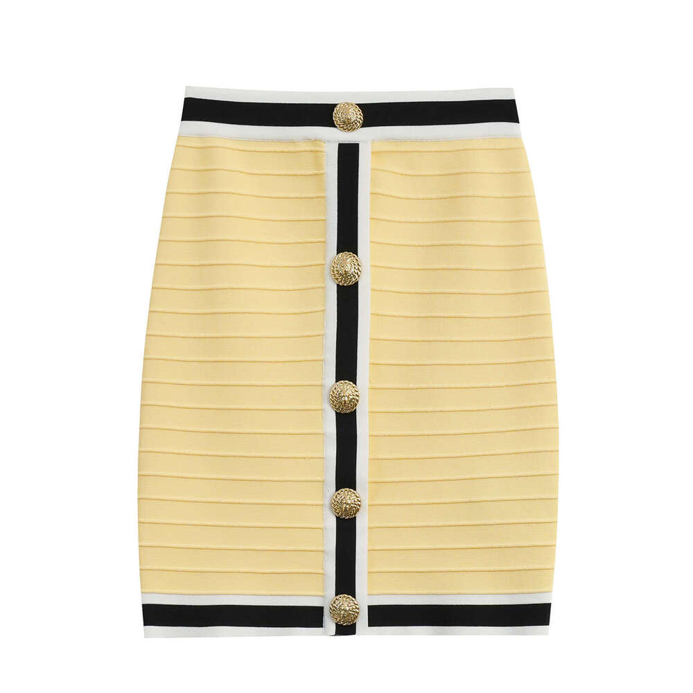 2026 Summer Color blocked Round neck Short sleeved Top Skirt High end Style Elegant Metal Buckle Knitted Set for Women