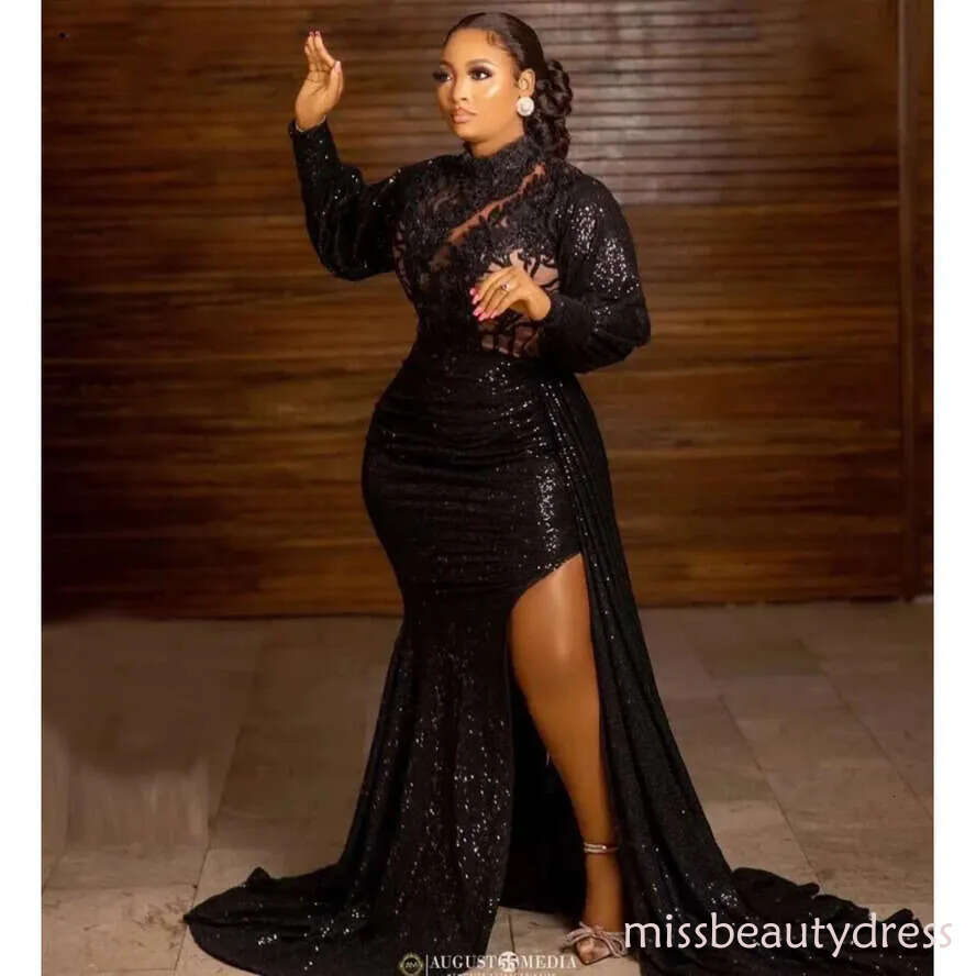 Elegant Black Sequins Prom Dresses For African Women High Neck Long Sleeve Applique Plus Size Formal Birthday Party Evening Gowns Abendkleider Mal