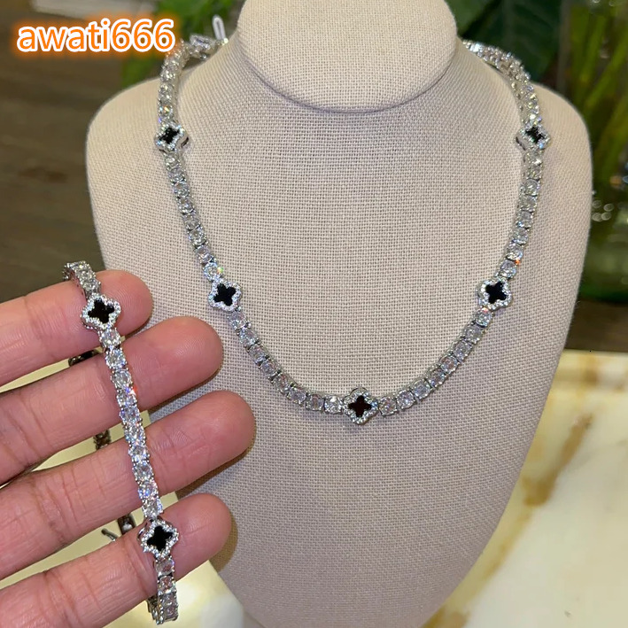 Womens Gold Plated Bling Tennis Bracelet Necklace Chain Diamond Clover Jewelry Set Hip Hop Iced Out Black Clover Necklace