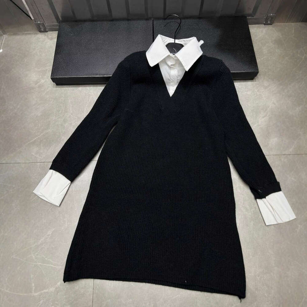 Designer lazy style high-end women's fake two-piece dress autumn tie waist long sleeved shirt with knitted skirt