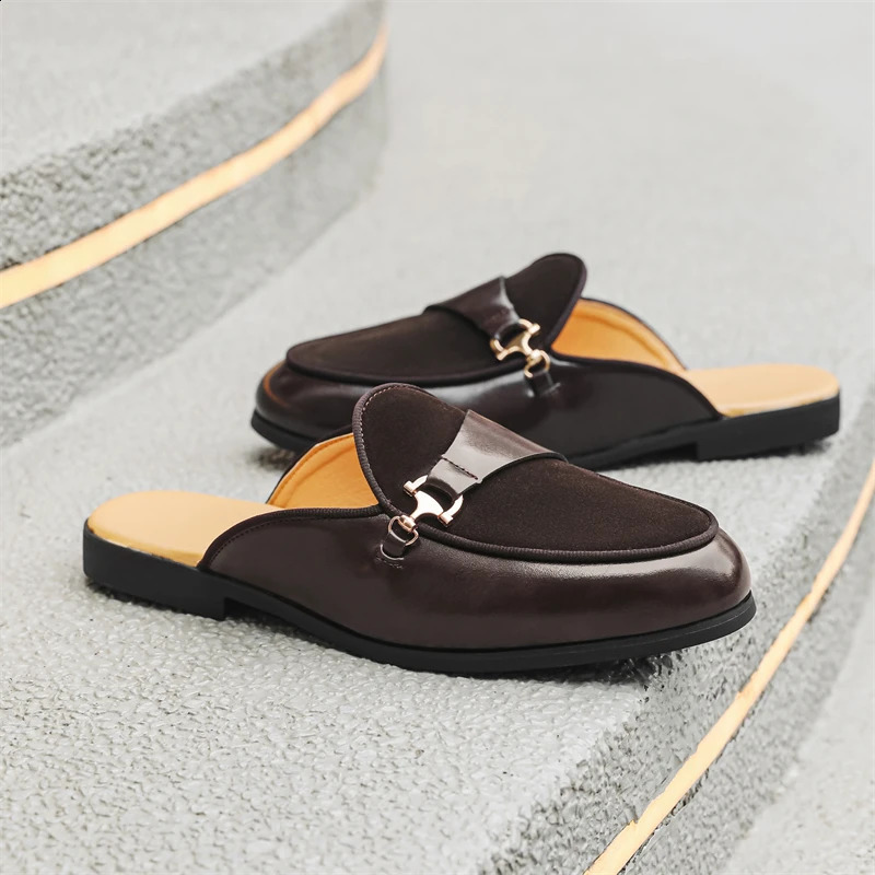 Trend Mens Charm Suede Leather Half Slippers Black Brown Shoes Male Casual Mules Breathable Moccasins 260202