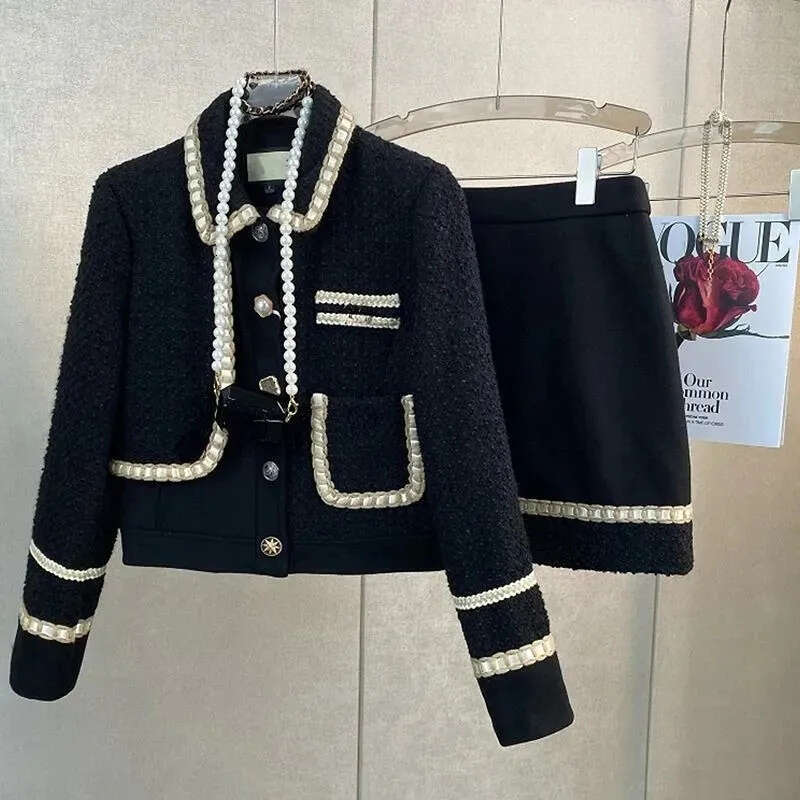 Winter retro small fragrance black floral coat wool jacket, two sets of hip wrapped mini skirt dress set for women