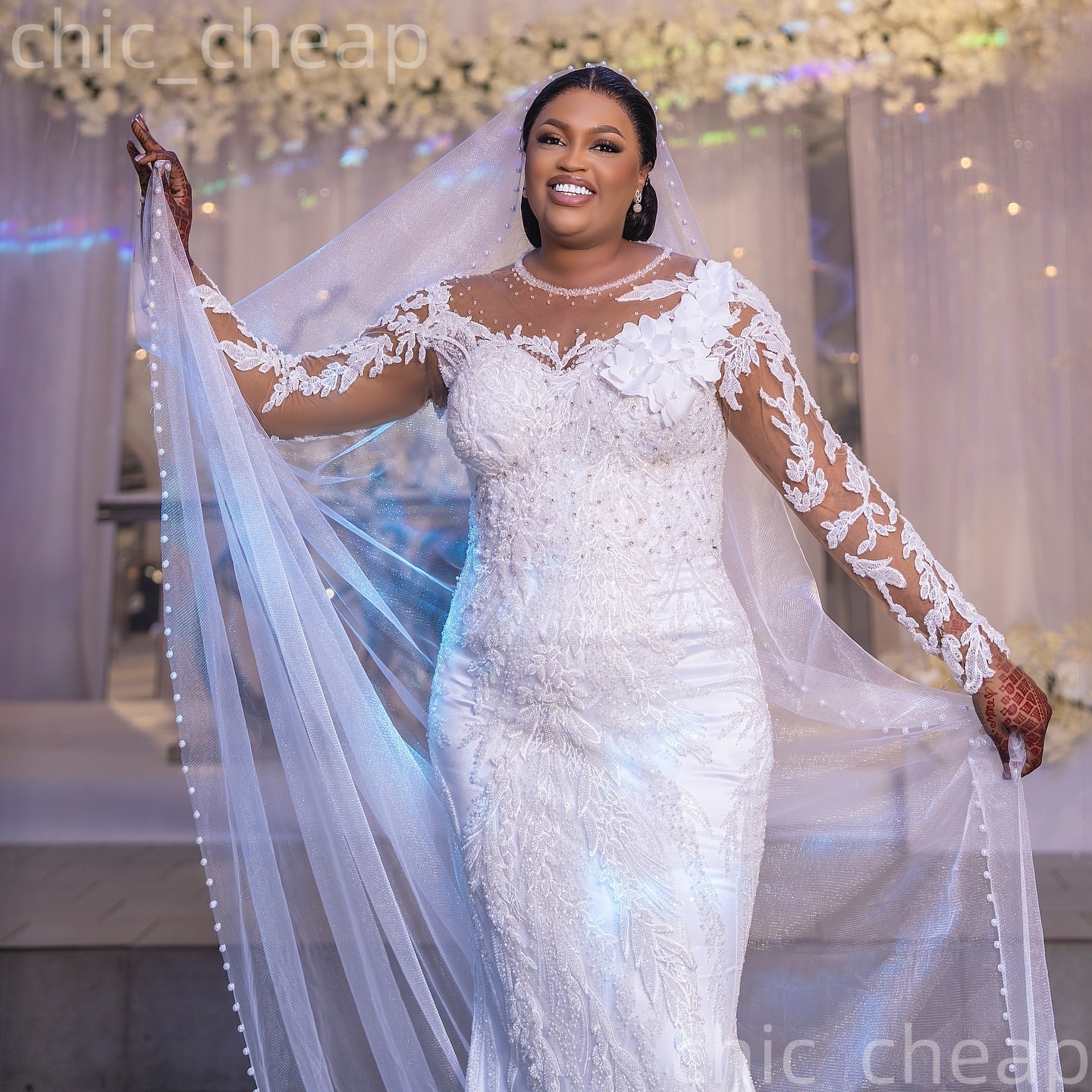 African Aso Ebi 2026 Ivory Breathtaking Mermaid Wedding Dress Flowers Beaded Crystals Lace Full Sleeves Transmative Train Charming Bridal Gowns Dresse