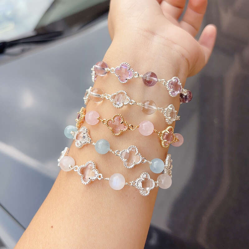 Women Jewelry Bracelet for Women Natural Amethyst Moonstone Bracelet Autumn & Winter Fresh Style Pinkish Purple Four-leaf Clover Bracelet