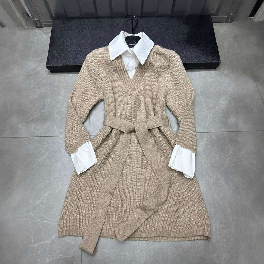 Designer lazy style high-end women's fake two-piece dress autumn tie waist long sleeved shirt with knitted skirt