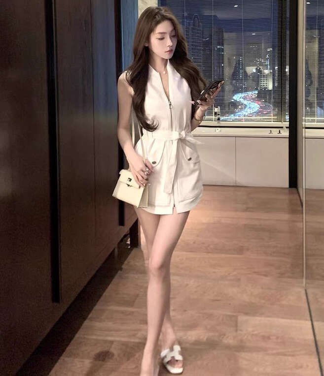 2026 Business Aesthetics Old Money Sleeveless Tie Straight Waist Work Clothes Style Zipper Dress Children