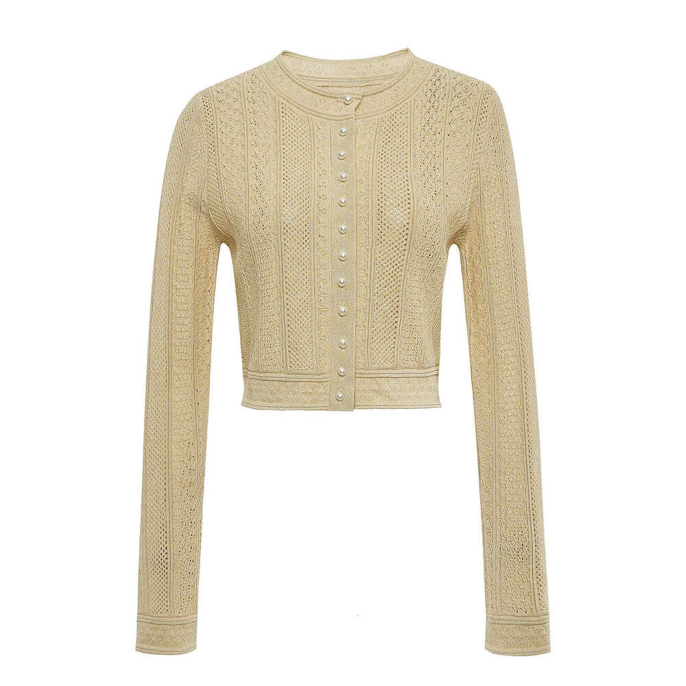2026 Spring New French Gold Thread Hollow Knitted Open Knitted Woolen Sweater Midi Skirt Two Piece Set for Women