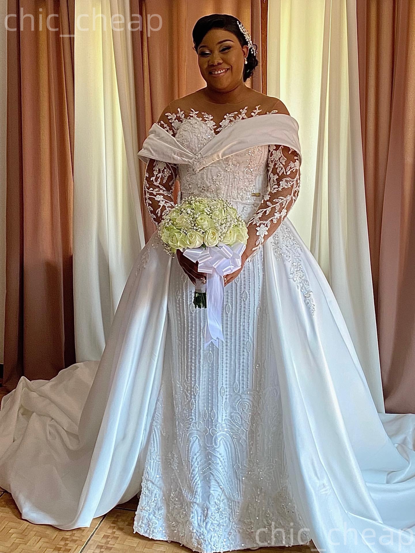 African Aso Ebi 2026 Ivory Sheath Wedding Dress Appliques Sheer Neck Sequined Lace Detachable Train Vintage Bridal Gowns Dresses ZJ2335