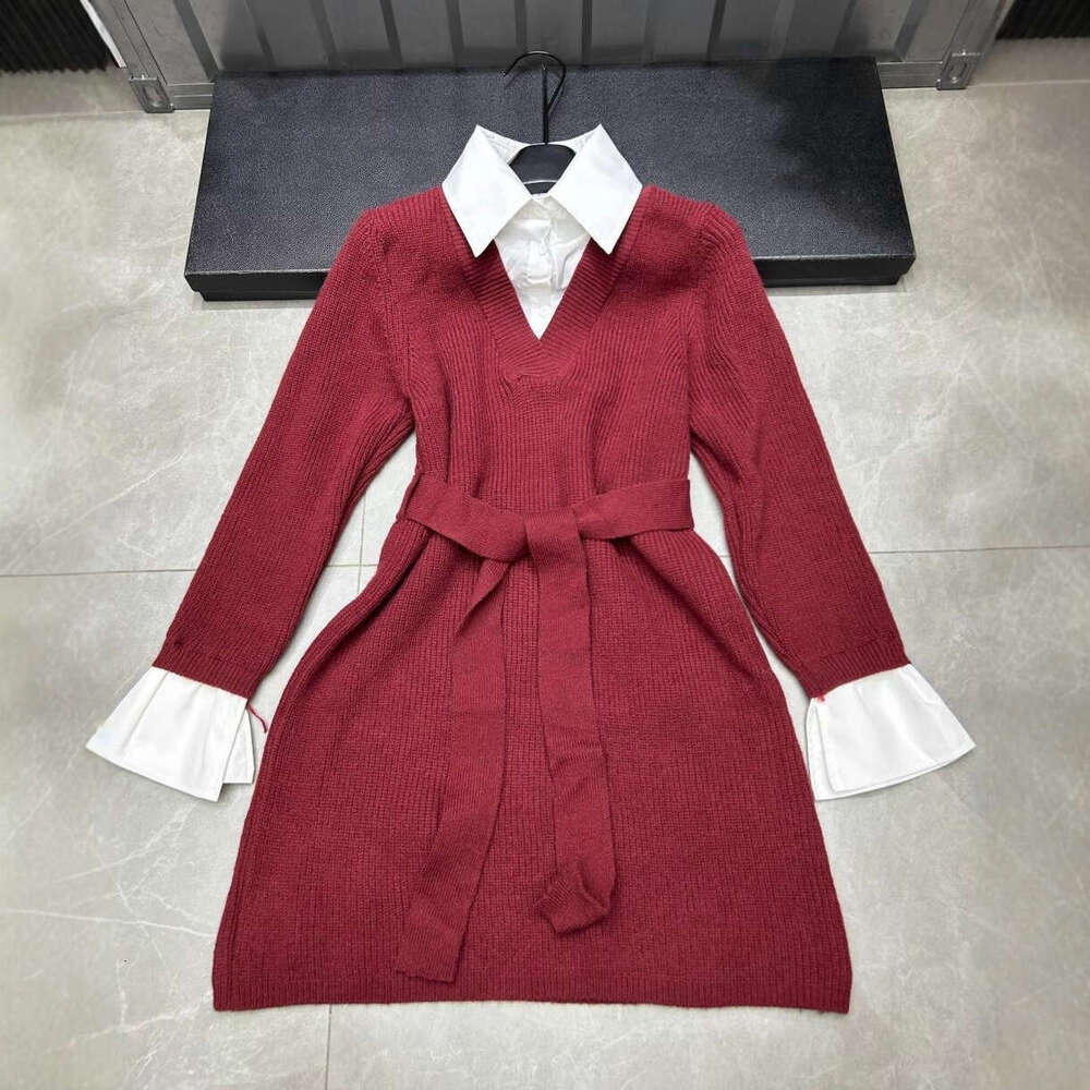 Designer lazy style high-end women's fake two-piece dress autumn tie waist long sleeved shirt with knitted skirt