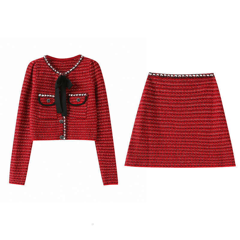 2026 Autumn New Style Red Bow Wool Knitted Cardigan Jacket and Skirt Two Piece Set for Women