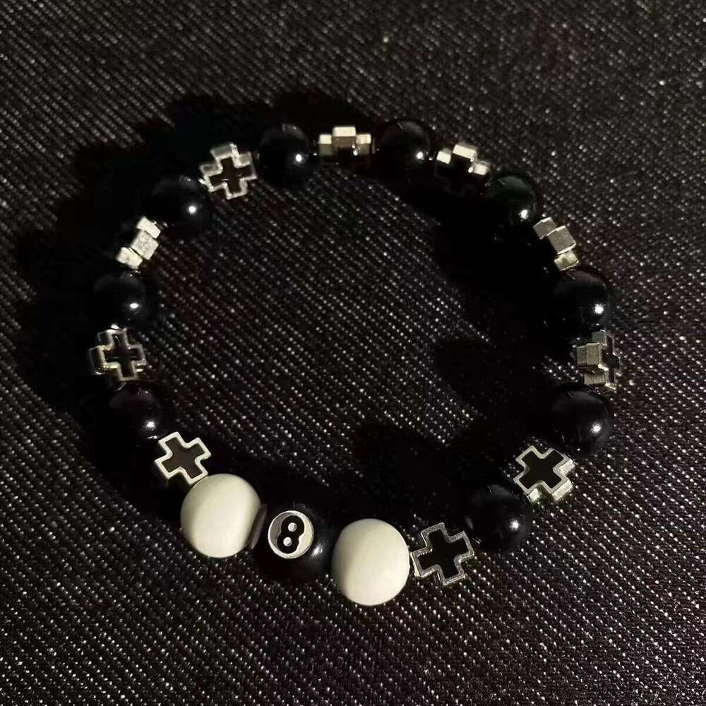 Beaded Bracelet Black 8-ball Adorned With Metal Cross Combined With Gold And Silver Obsidian Streetwear Cool Style