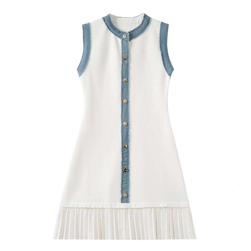 2026 Spring/Summer New Fashionable French Chic Patch Denim Knitted Tank Top Sleeveless Dress for Children
