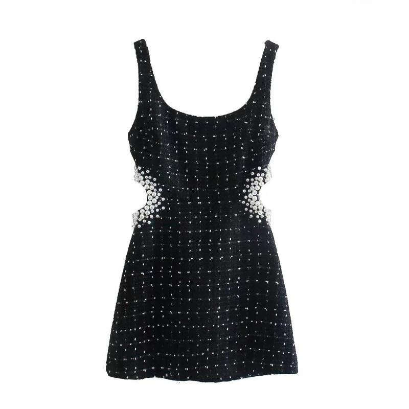 Casual dress women's retro floral black checkered hollow pearl decoration slim fit square neck mini 2026