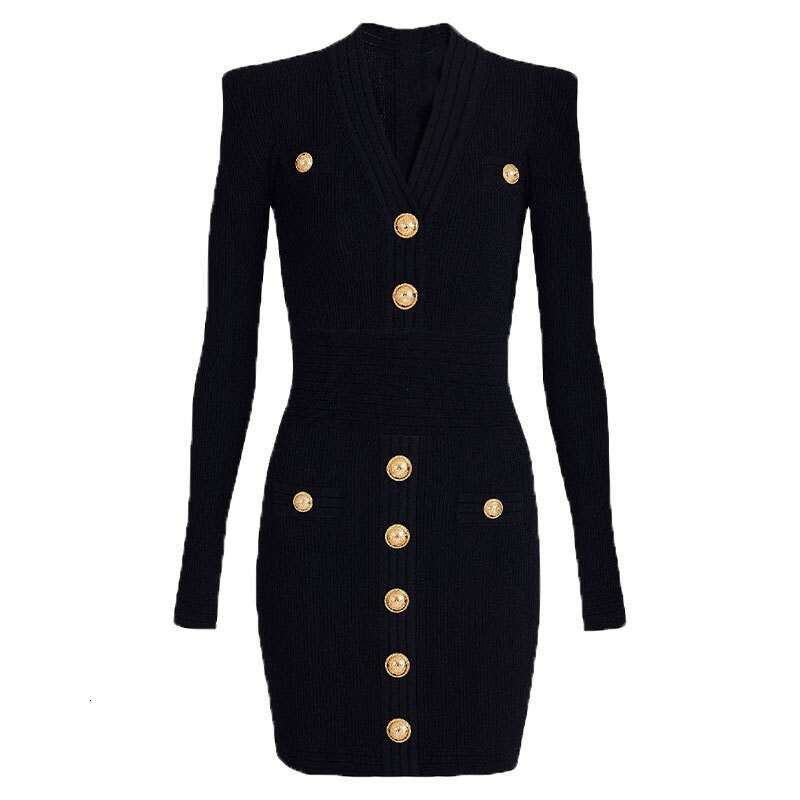 2026 Autumn/Winter New Celebrity Same Style Metal Button Long Sleeve V-neck Sexy Knitted Women's Dress Women's Wear