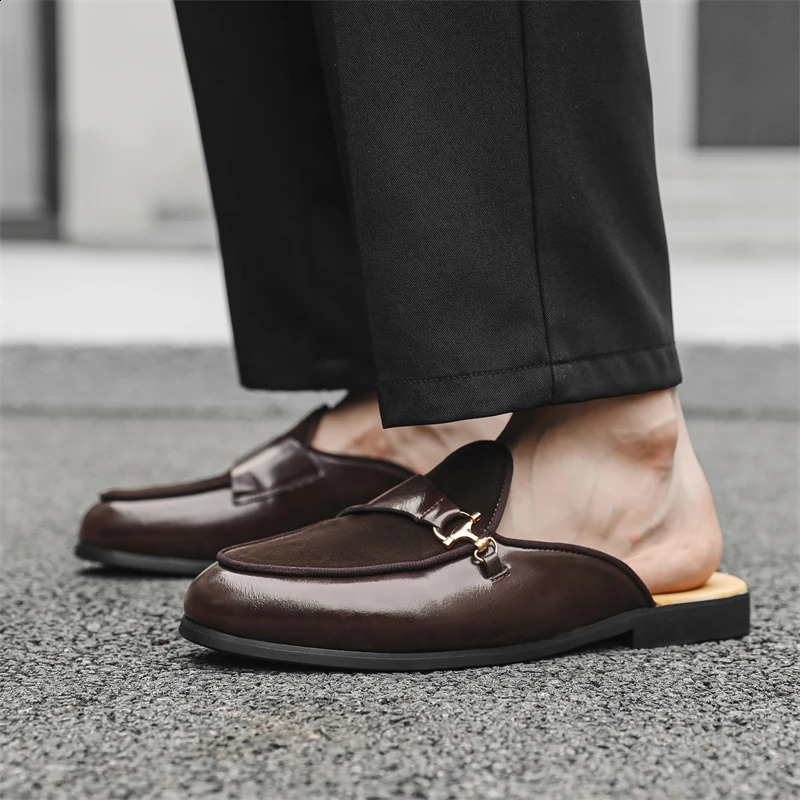 Trend Mens Charm Suede Leather Half Slippers Black Brown Shoes Male Casual Mules Breathable Moccasins 260202