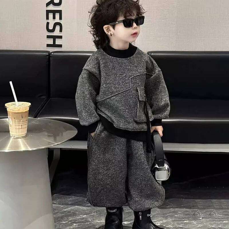 New Velvet Children 2026 Spring Autumn Hoodie Korean Edition Cool Handsome Casual Pants Children's Wear Two Piece Set 4-12Y 26H0211