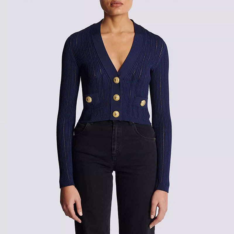 2026 Spring Solid Color Sexy V-neck Hollow Gold Button Decorative Knitted Cardigan Women's Long Sleeve Top