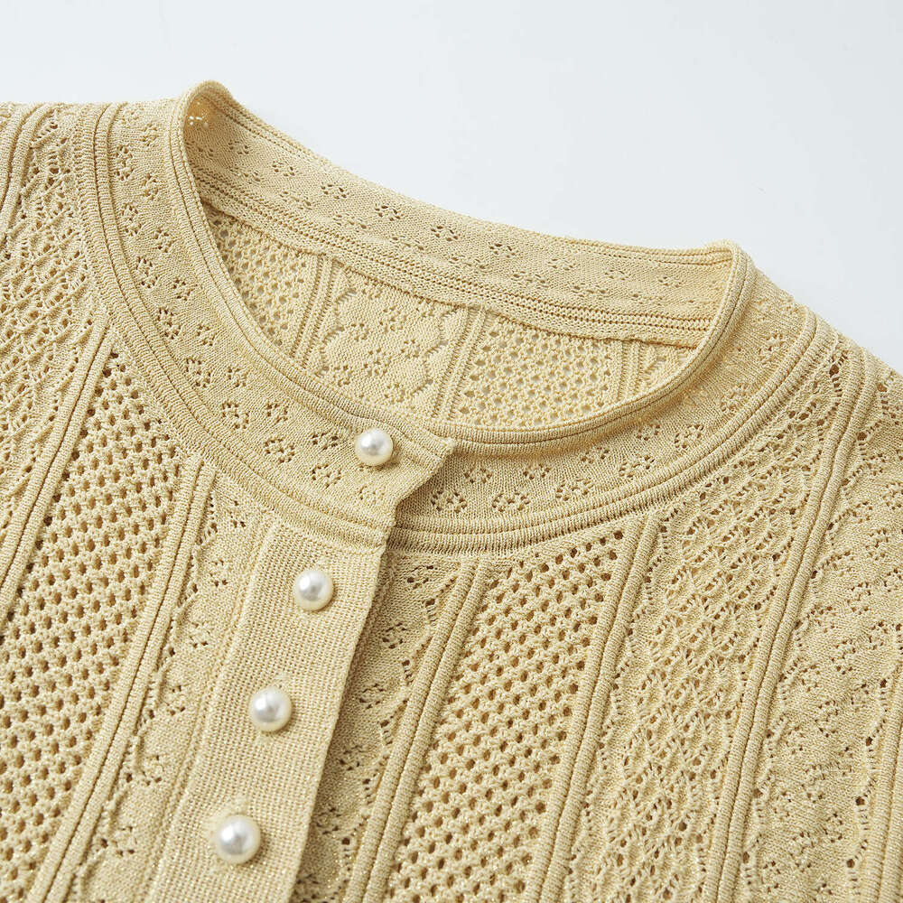 2026 Spring New French Gold Thread Hollow Knitted Open Knitted Woolen Sweater Midi Skirt Two Piece Set for Women