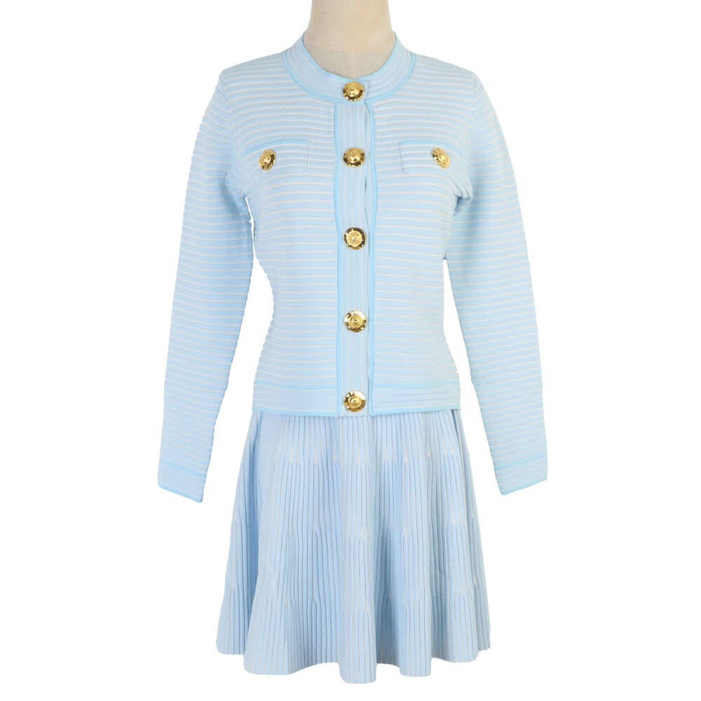 2026 Autumn/Winter New Knitted Cardigan Women's Round Neck Color blocked Slimming Style Women's Short Skirt Set