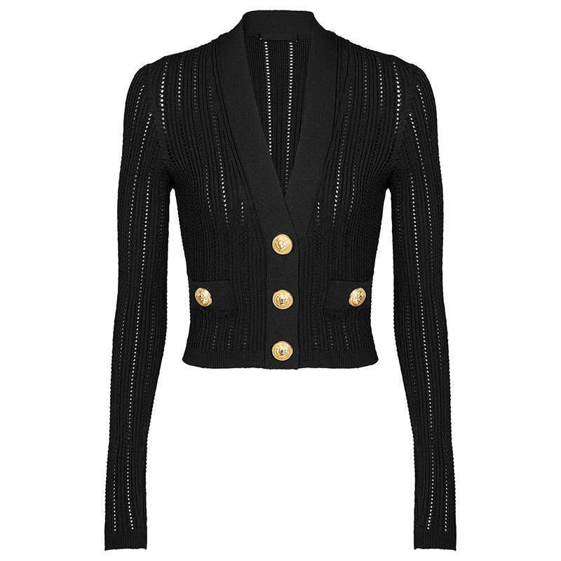 2026 Spring Solid Color Sexy V-neck Hollow Gold Button Decorative Knitted Cardigan Women's Long Sleeve Top