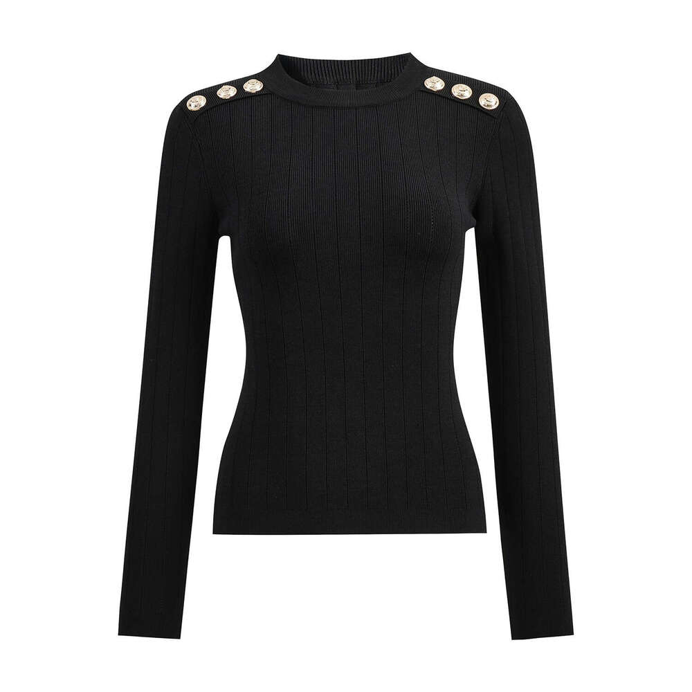 2026 new social semi high neck sweater with gold buttons designed by high-end tactile black slim knit shirt