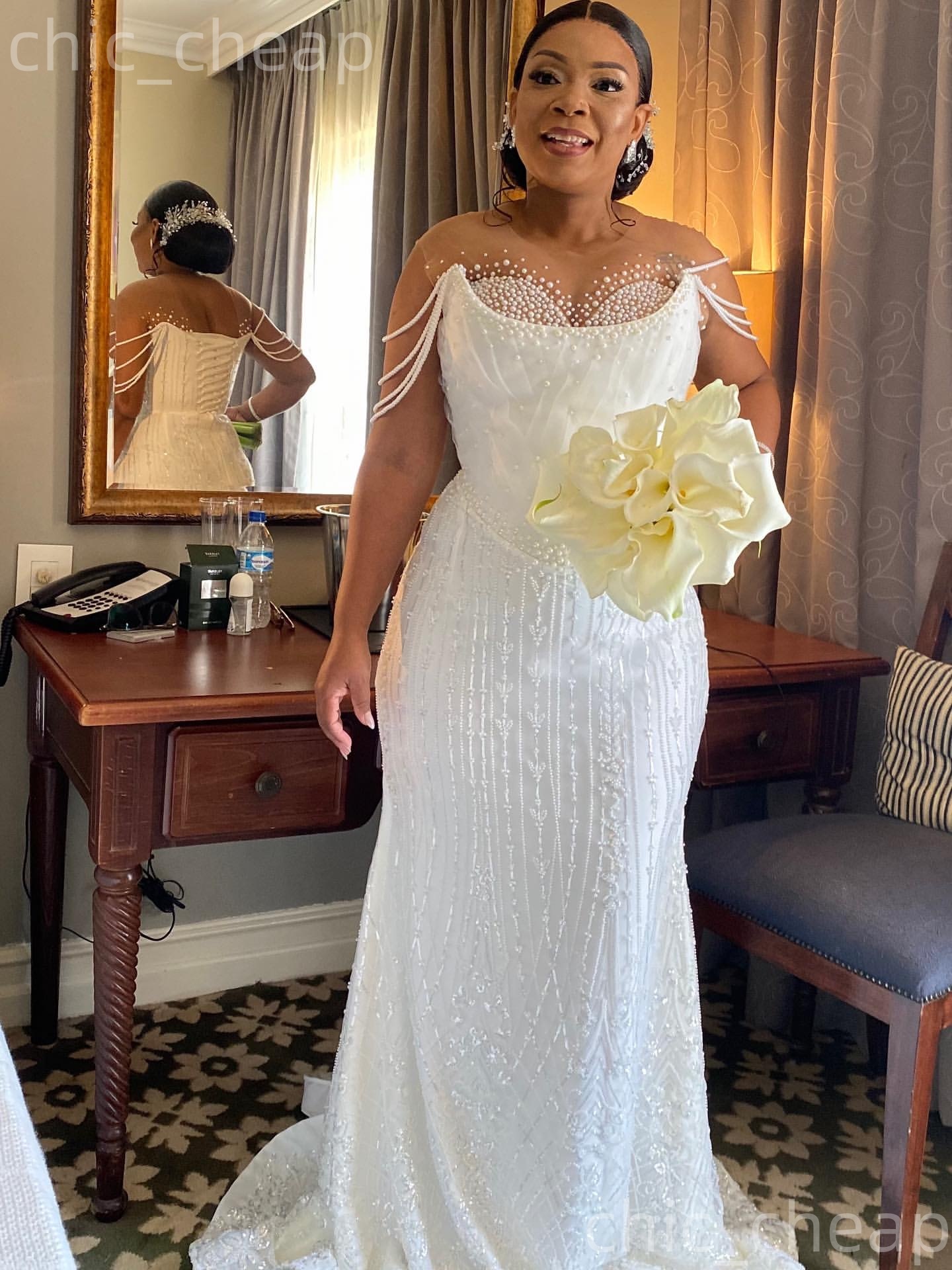 African Aso Ebi 2026 Ivory Mermaid Wedding Dress Sleeveless Pearls Beaded Sequined Lace Elegant Stylish Bridal Gowns Dresses ZJ2332