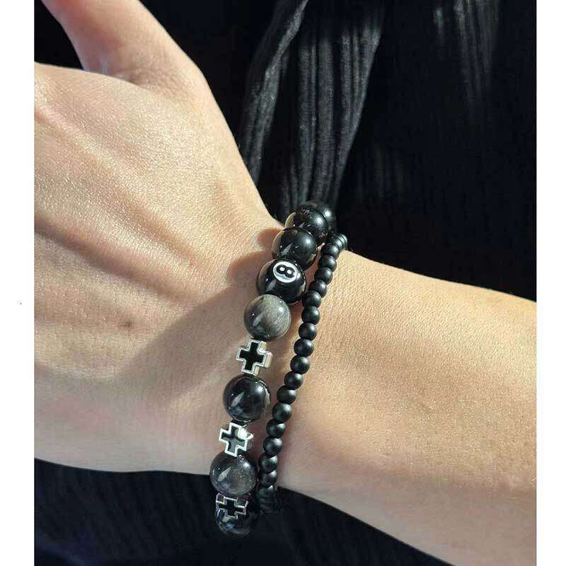 Beaded Bracelet Black 8-ball Adorned With Metal Cross Combined With Gold And Silver Obsidian Streetwear Cool Style