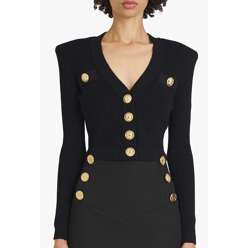 2026 Spring and Autumn deep V-neck long sleeved heavy metal button hollow slim knit short cardigan for women