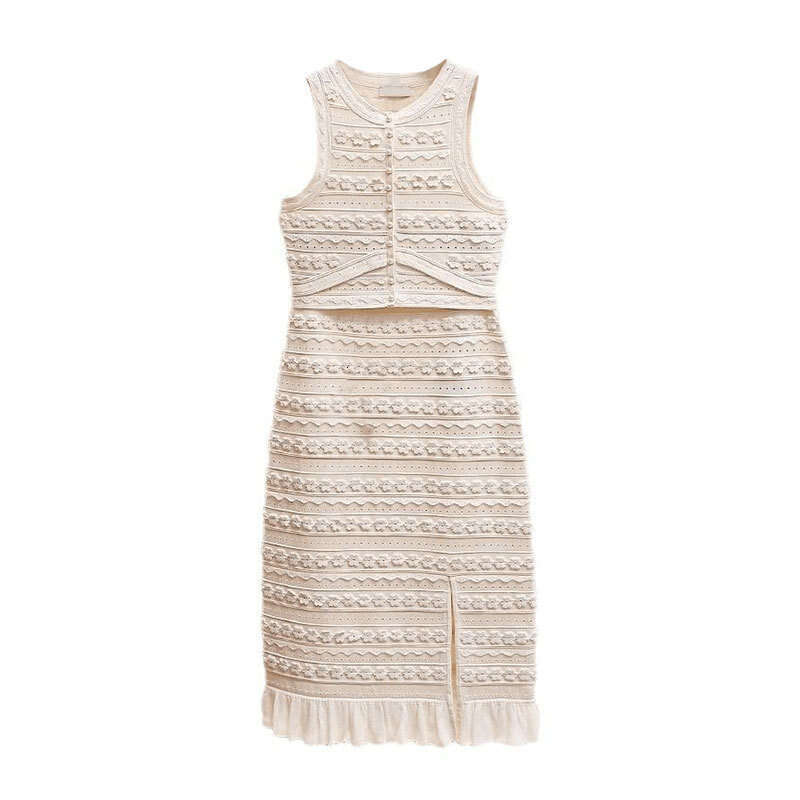 2026 Spring/Summer New Women's Style Elegant Hollow Jacquard Knitted Tank Top Split Skirt Two Piece Set