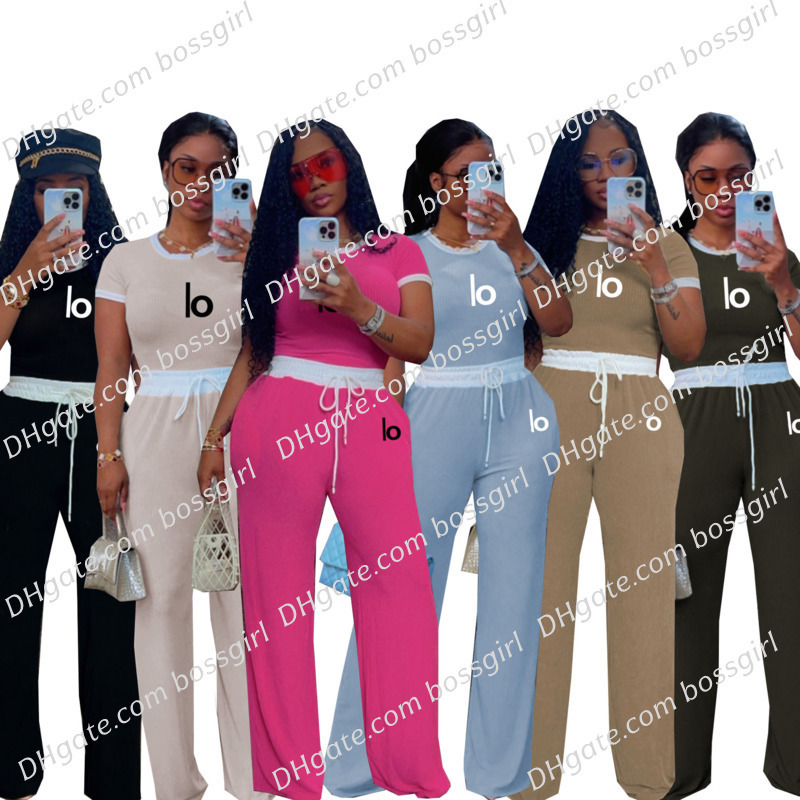 Womens Designer Tracksuits Street Style Ribbed 2 Piece Set Round Neck Short Sleeve T-shirt Loose Pants 2026 Summer Casual TrackSuit Outfits