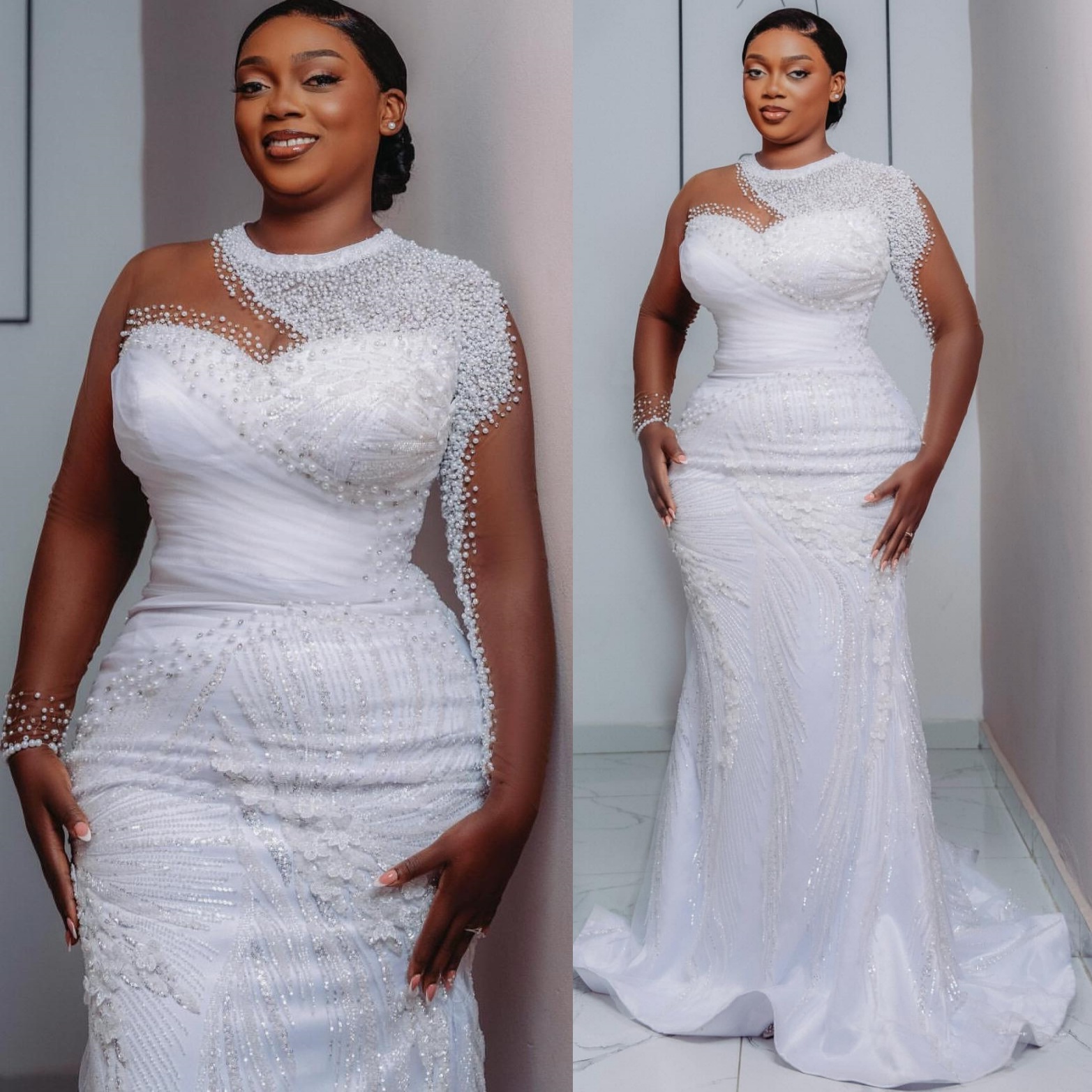 African Aso Ebi 2026 Ivory Mermaid Wedding Dress Sheer Neck Full Sleeves Beaded Floral Lace Vintage Charming Bridal Gowns Dresses ZJ2330