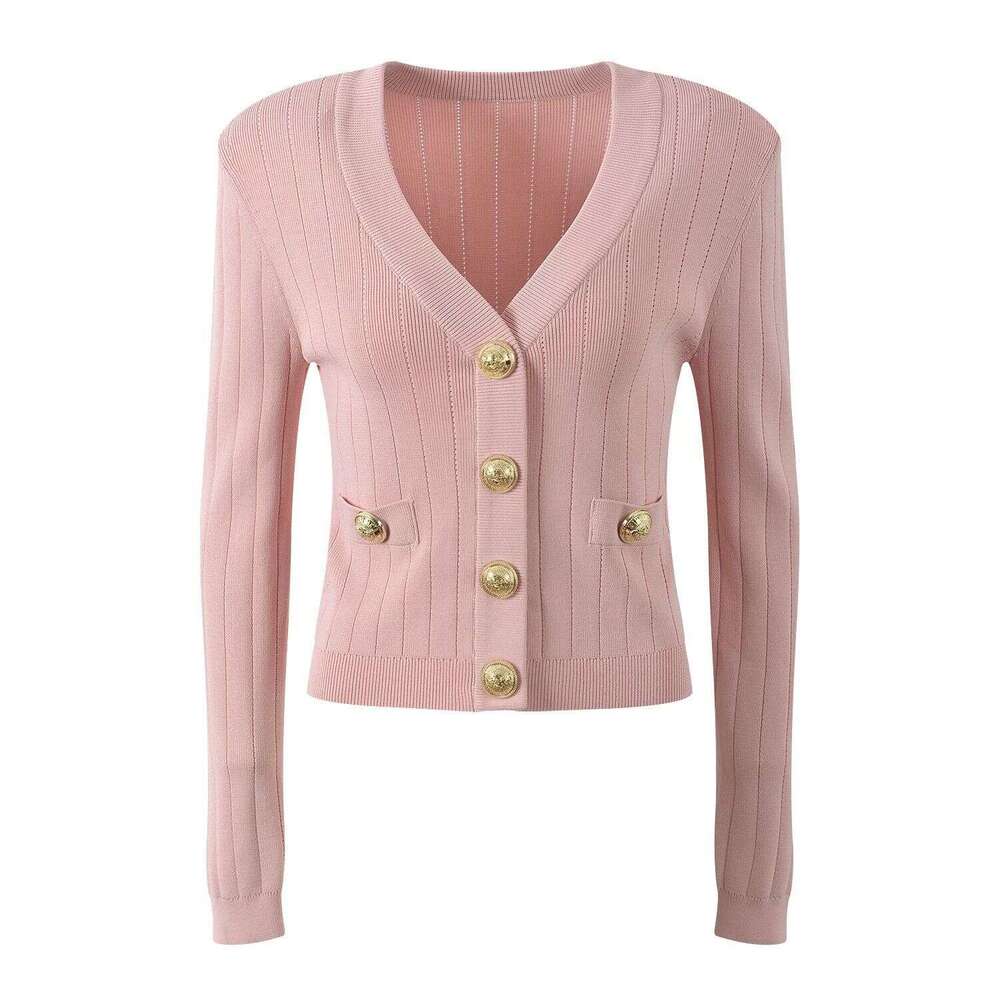 2026 Spring and Autumn new luxury style gold button slim fit shoulder padded jacket V-neck knitted cardigan