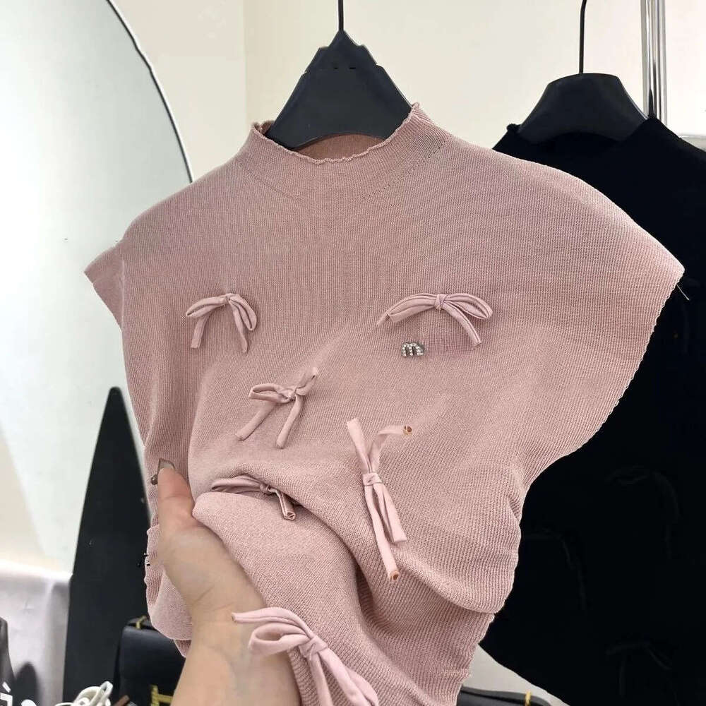 2026 New Women's Stand up Collar Knitted Bow Stickers Letter Logo Water Diamond Stickers Top Summer T-shirt