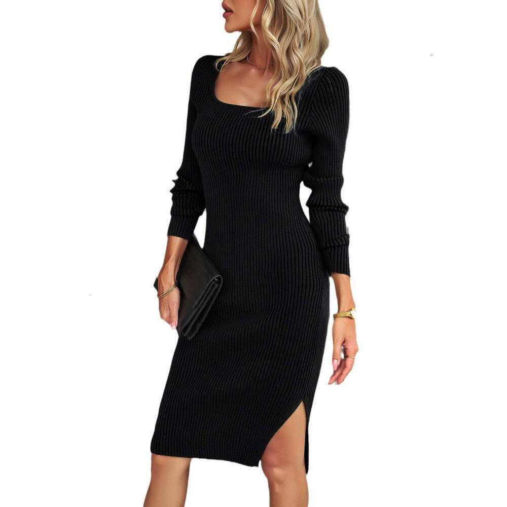 Autumn and winter European and American knitted 2026 designer U-neck elegant slim fit dress for women