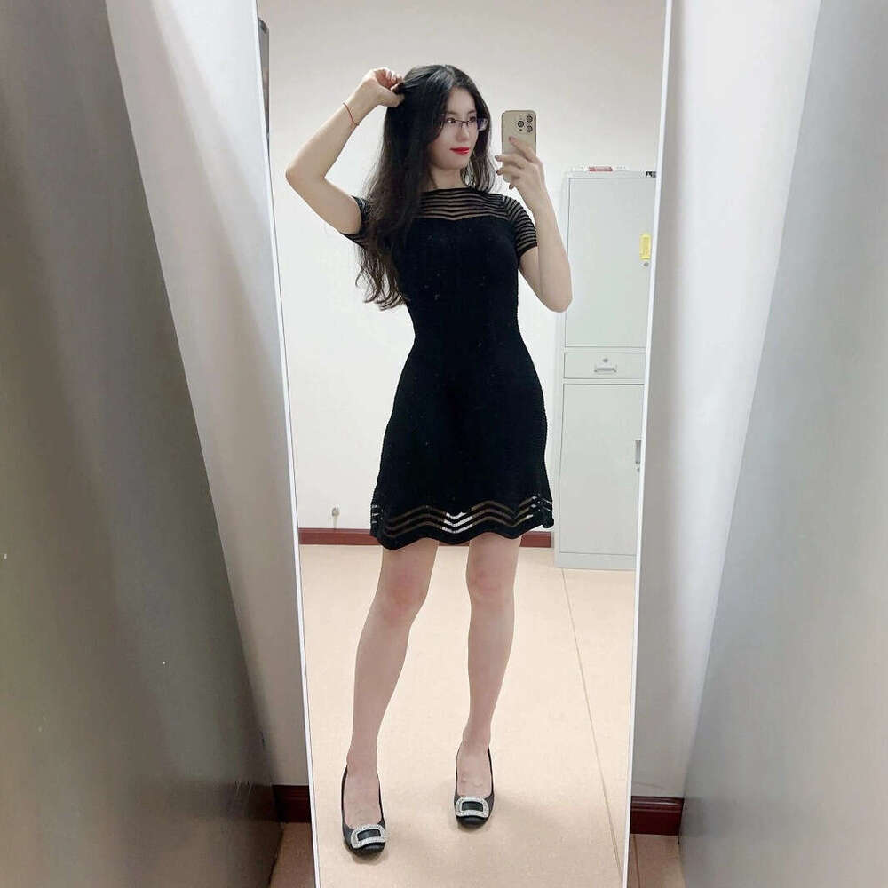 2026 Spring Social Mini Skirt Women's Summer Thin Ice Silk Hollow Short Sleeve Round Neck pleated Skirt