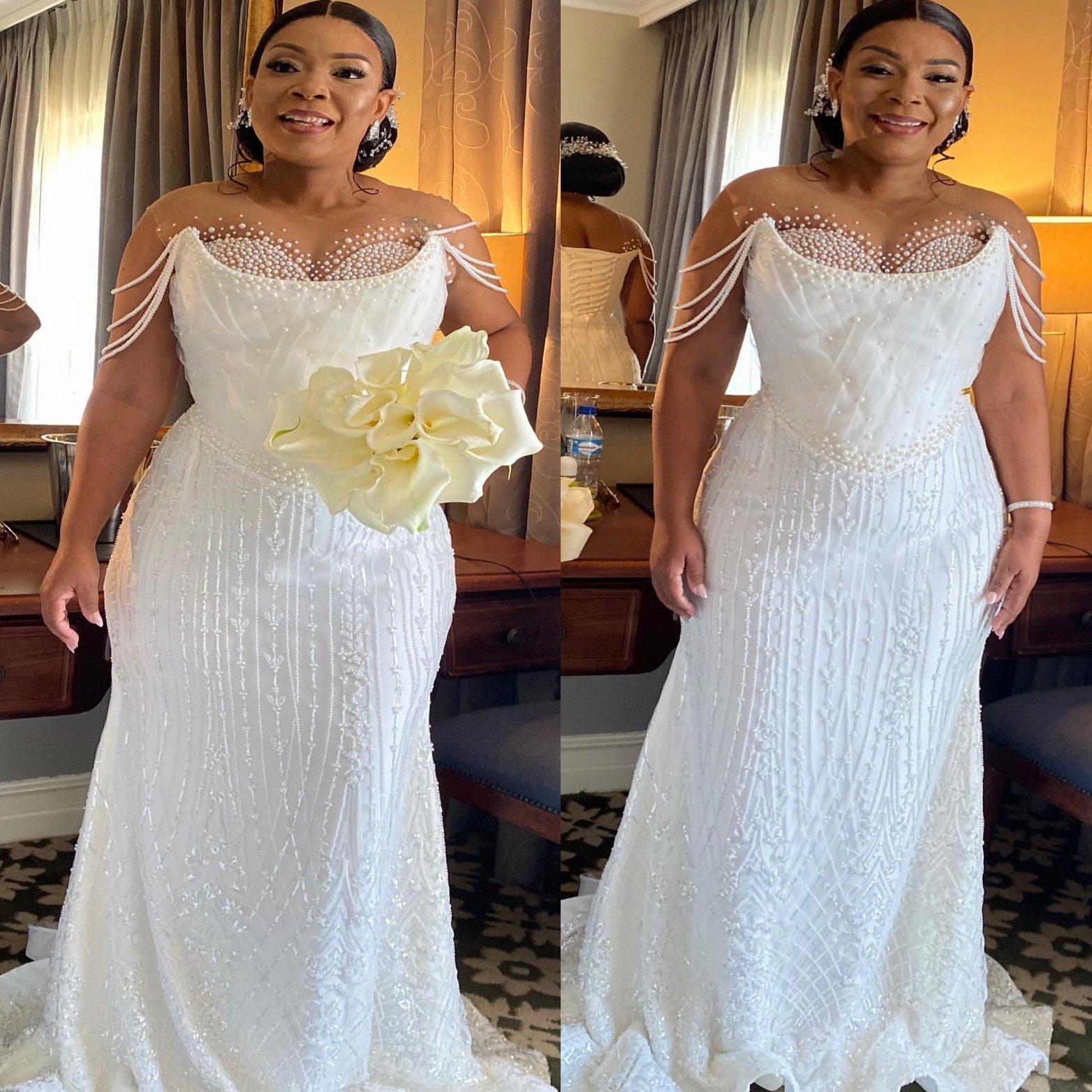 African Aso Ebi 2026 Ivory Mermaid Wedding Dress Sleeveless Pearls Beaded Sequined Lace Elegant Stylish Bridal Gowns Dresses ZJ2332
