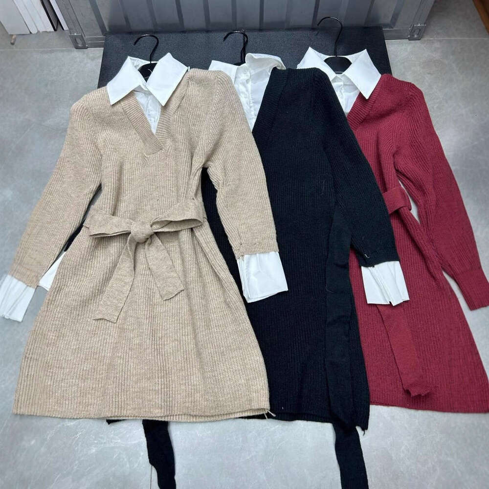 Designer lazy style high-end women's fake two-piece dress autumn tie waist long sleeved shirt with knitted skirt