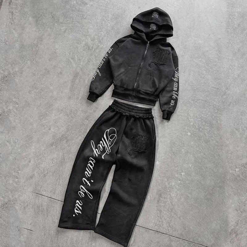 Men's Hoodies Grey Distressed Embroidery Tracksuit Set Women's Streetwear Oversized Hoodie & Pants Edgy Casual Two-Piece Outfit