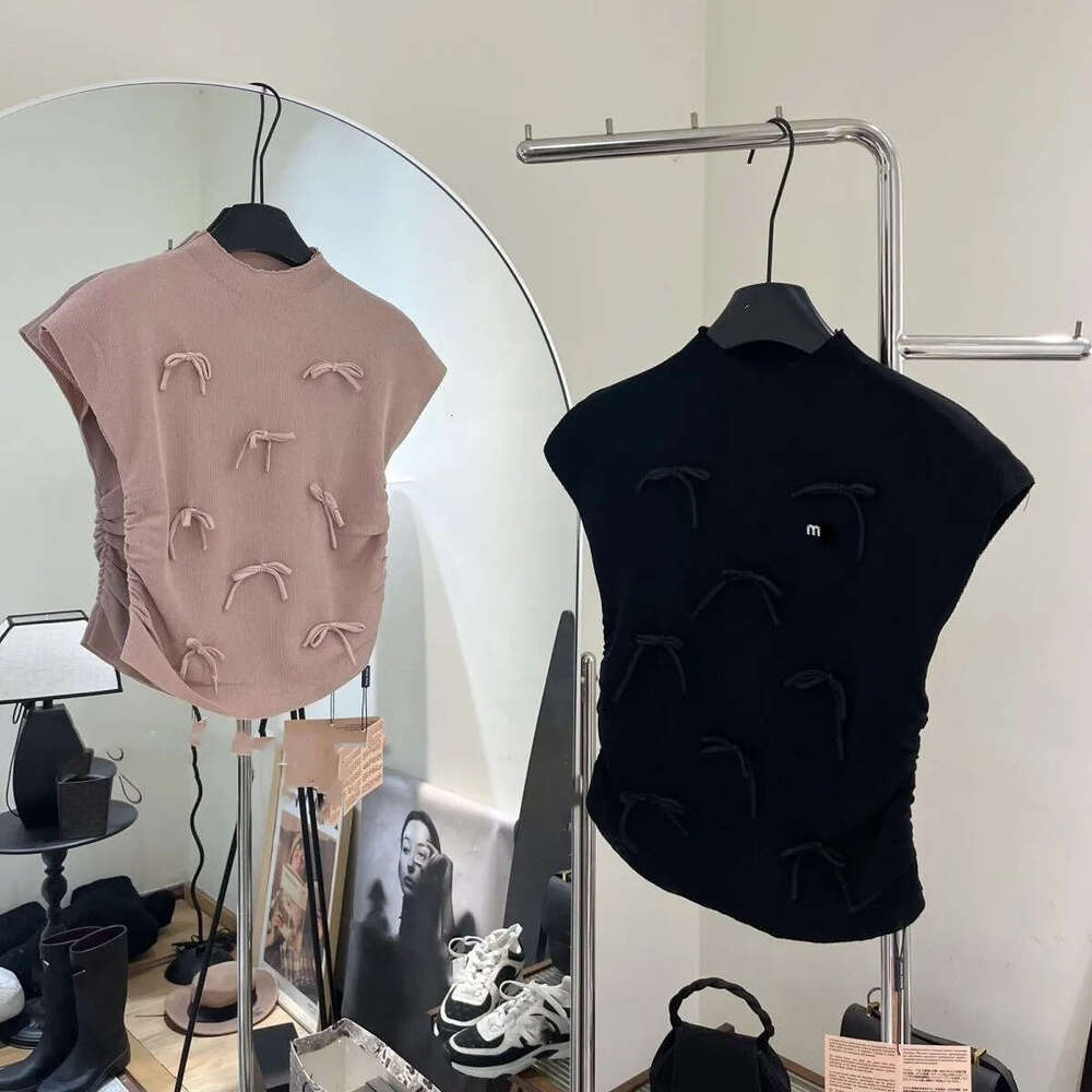 2026 New Women's Stand up Collar Knitted Bow Stickers Letter Logo Water Diamond Stickers Top Summer T-shirt