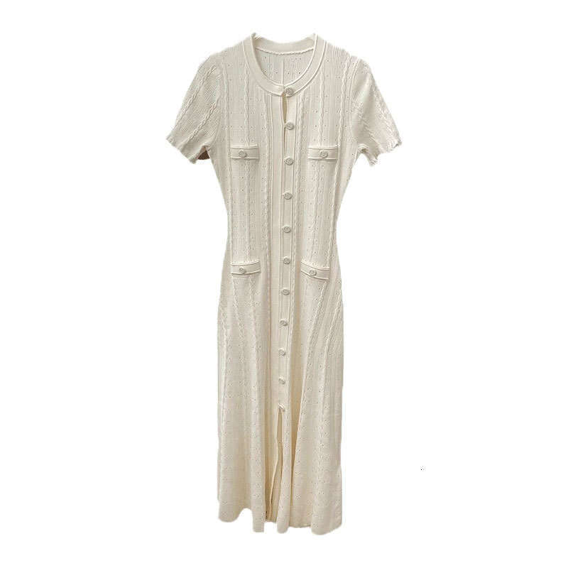 2026 autumn new women's French hollow short sleeved pleated knitted slim fit split dress
