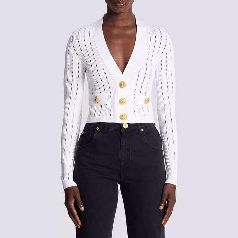 2026 Spring Solid Color Sexy V-neck Hollow Gold Button Decorative Knitted Cardigan Women's Long Sleeve Top
